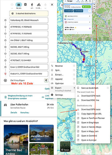 Mit der Erweiterung "Google Maps Extended Routes" geht Export, mehr als 10 WP, öffnen mit Kurviger und mehr.