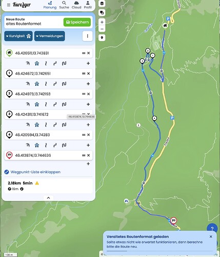 Kurviger altes Routenformat